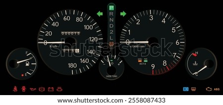 Realistic night mid 90s Japanese sport hatchback gauge cluster in gasoline engine and automatic gearbox with boost gauge and drive mode indicator illustration vector.