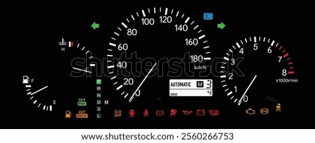 Realistic night late 90s Japanese midsize SUV optitron gauge cluster in gasoline engine and electronically controlled automatic gearbox with sequential mode and 4 wheels drive illustration vector.