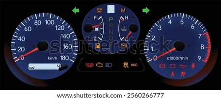 Realistic night mid 90s Japanese sport wagon blue gauge cluster in turbo intercooler all wheel drive gasoline engine and automatic gearbox with manual mode and traction control illustration vector.