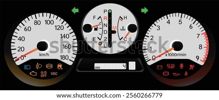 Realistic night early Y2K Japanese sport wagon white gauge cluster in turbo intercooler all wheel drive gasoline engine and automatic gearbox with manual mode illustration vector.