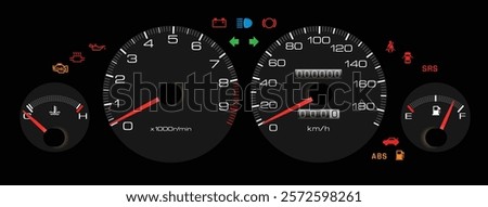 Realistic 90s Japanese sport sedan instrument cluster with performance fuel injected gasoline engine and manual gearbox gearbox included traction control indicator light illustration vector.