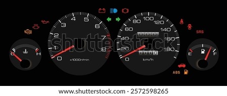 Realistic 90s Japanese sport sedan instrument cluster with fuel injected gasoline engine and manual gearbox gearbox included antilock braking and airbag light illustration vector.