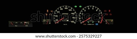 Realistic late 80s Japanese sport coupe analog red pointer gauge cluster in fuel injected gasoline engine and manual gearbox with electric damper indicator included oil press and volt meter vector.