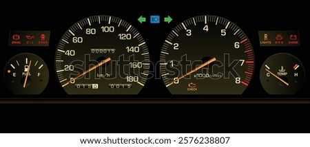 Realistic 80s Japanese mid size car gauge cluster in gasoline electronic injected fuel engine and manual gearbox specs with front stage effect illumination illustration vector.