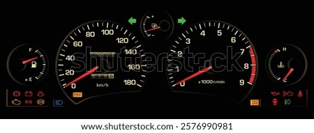 Realistic mid 90s Japanese midship sport coupe gauge cluster in turbo intercooler gasoline engine manual gearbox included traction and seatbelt warning illustration vector.