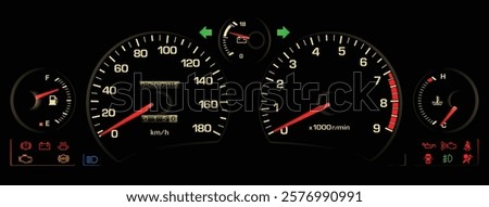 Realistic late 90s Japanese midship sport coupe gauge cluster in gasoline engine manual gearbox with seatbelt warning and airbag warning light without electric power steering illustration vector.