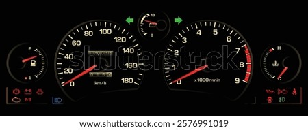 Realistic early 90s Japanese midship sport coupe gauge cluster in natural aspirated gasoline engine manual gearbox with electric power steering without ABS illustration vector.