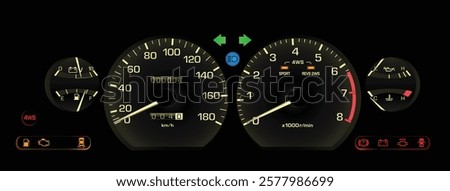 Realistic late 80s Japanese sport hardtop sedan in mid specs gauge cluster with manual gearbox and electronics central injection gasoline engine included 4 wheels steering system illustration vector.