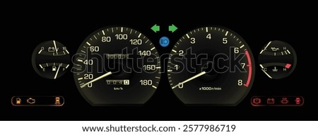 Realistic late 80s Japanese sport hardtop sedan in mid specs gauge cluster with manual gearbox and electronics central injection gasoline engine included volt and oil pressure illustration vector.