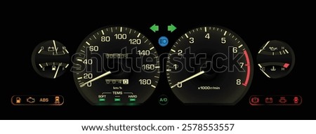 Realistic late 80s Japanese sport hardtop sedan in high specs gauge cluster with manual gearbox and electronics fuel injection engine included electric damper and cruise illustration vector.