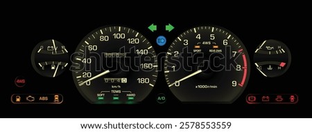 Realistic late 80s Japanese sport hardtop sedan in 4WS sporty specs gauge cluster with manual gearbox and electronic fuel injection engine included electric damper and cruise illustration vector.