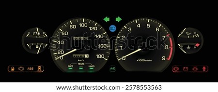 Realistic late 80s Japanese sport hardtop sedan in top specs gauge cluster with manual gearbox and electronics fuel injection engine included electric damper and cruise illustration vector.