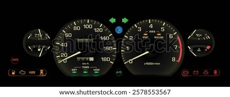 Realistic late 80s Japanese sport hardtop sedan in 4WS high specs gauge cluster with manual gearbox and electronic fuel injection engine included electric damper and cruise illustration vector.