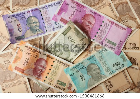Indian currency notes background wallpaper. Money, business, investment, finanance, cash, fund, commerce and economy.  Imagine de stoc © 