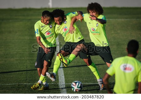 FORTALEZA BRAZIL - July 3, 2014: The Brazil national football team practicing at President Vargas Stadium one day before the Quarter-Finals game against Colombia. NO USE IN BRAZIL.