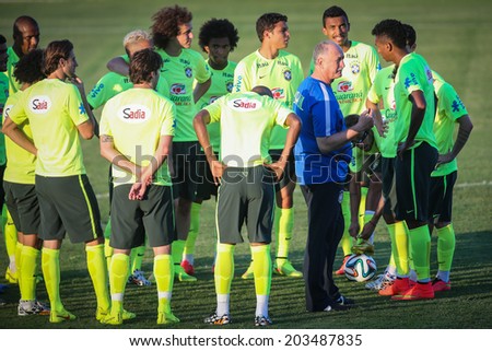 FORTALEZA BRAZIL - July 3, 2014: The Brazil national football team practicing at President Vargas Stadium one day before the Quarter-Finals game against Colombia. NO USE IN BRAZIL.