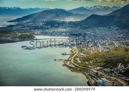 USHUAIA, ARGENTINA - December 28,2014: Aerial view of Ushuaia including a partial view of the Andes on the background