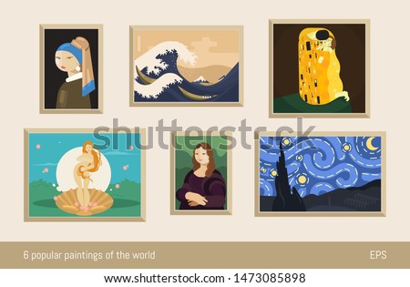 Set of 6 vector paintings, flat minimalism. Inspired by Vermeer, Hokusai, Klimt, Botticelli, da Vinci and Van Gogh. 