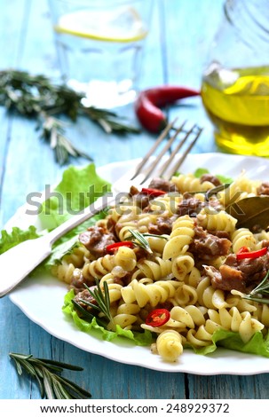 Macaroni (pasta) with meat stew,russian cuisine.