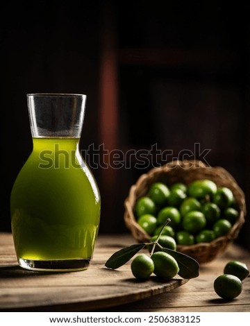 Similar – Foto Bild Glas Glas und Blätter aus nativem Olivenöl auf Holztisch.