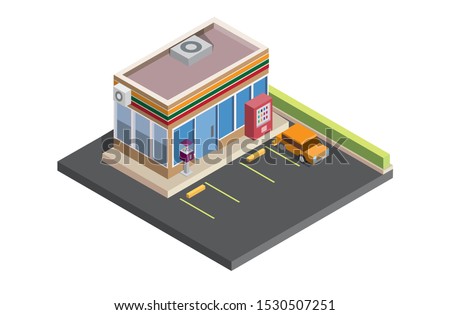 convenience store isometric, shop, 24 hour, illustration vector design