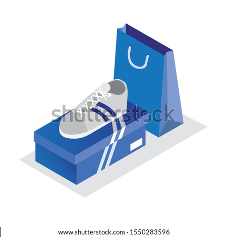 white sport shoes with blue box and shopping bag isometric illustration editable vector 