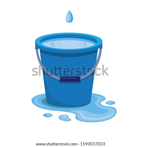 blue plastic bucket filled water from trickle leaking water spilled on the floor, liquid container with handle isolated with white background illustration vector