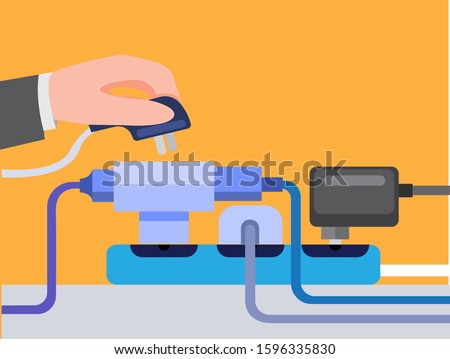 hand holding electric power plug, full electrical outlet, power outlet multiple socket, risk of causing fire. flat illustration editable vector