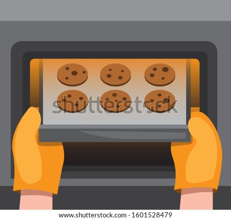 cookies on oven, hand insert or put out pan with chocolate biscuit, cartoon flat illustration vector