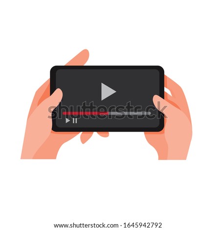 hand holding smartphone watch video streaming online, video media player on mobile phone cartoon flat illustration vector isolated in white background