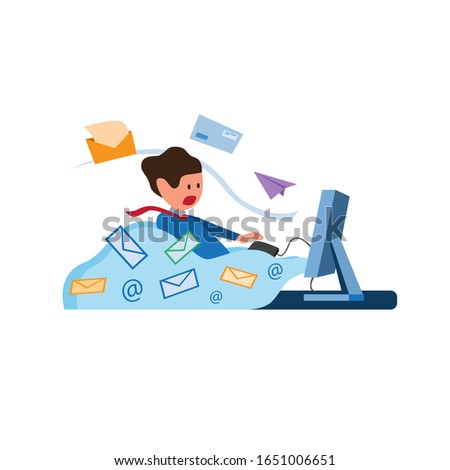 office worker with full of envelope and email coming out from computer, inbox message full, email spamming illustration symbol in flat style vector