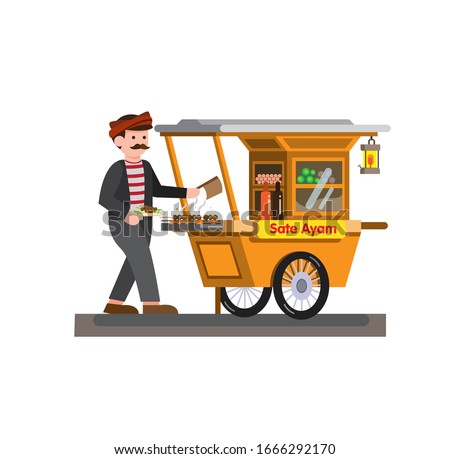 Man selling satay chicken indonesian traditional food in cart cartoon flat illustration vector isolated in white background