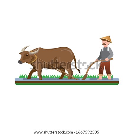 farmer man ploughing paddy field with water buffalo cartoon flat illustration vector isolated in white background