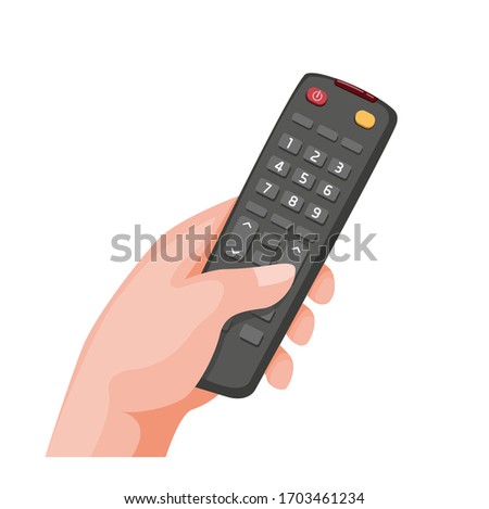 hand holding remote television symbol in cartoon illustration vector isolated in white background