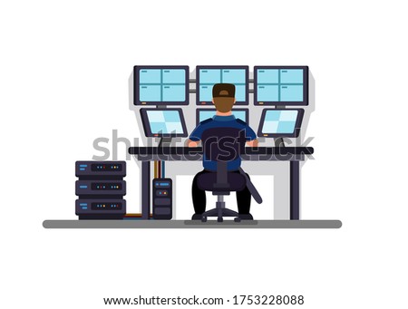 Security in Control CCTV Room, Building Security Guard Sitting and Watching Camera Monitor from back view. Concept Cartoon Flat illustration Vector on white background