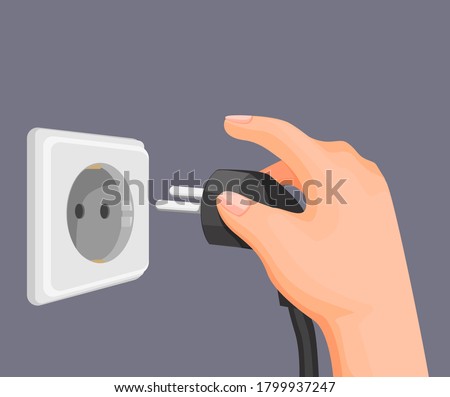 hand put electric plug to socket outlet in wall. electricity energy saving symbol in cartoon illustration vector