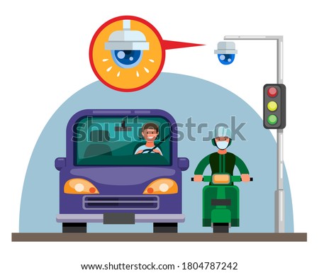 CCTV Camera on traffic light in road street with car and motorbike concept in cartoon flat illustration vector