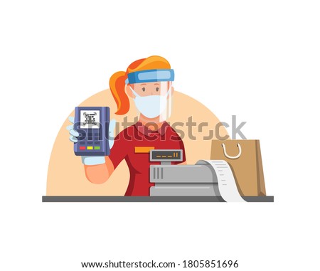 Cashier contactless payment using qr code. cashier counter wearing faceshield mask in new normal activity concept in carton illustration vector