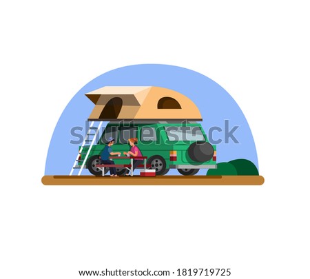 Camping in car rooftop tent. adventure trip in outdoor illustration concept in flat cartoon vector