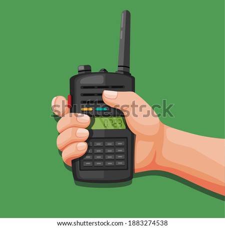 Hand holding walkie talkie. radio telephone communication symbol concept in cartoon illustration vector