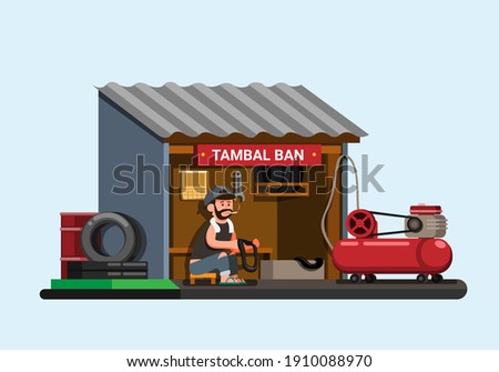Indonesian tyre repair shop aka Tambal Ban concept in cartoon flat illustration vector