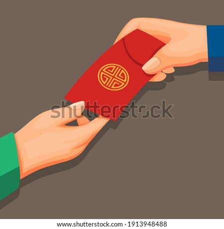 Hand giving money in envelope aka angpao concept in cartoon illustration vector