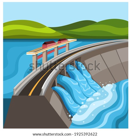 Water dam Reservoir, hydroelectric station plant illustration cartoon vector