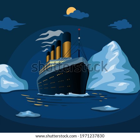 Titanic cruise ship sail in sea iceberg in night scene illustration in cartoon vector