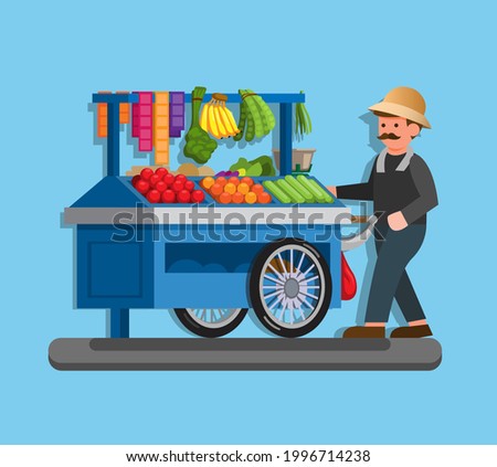 Tukang sayur keliling is indonesian fruit and vegetable seller in stall illustration in flat vector