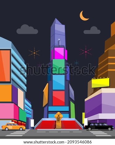 New York Time Squre with colorful ads screen on building at night illustration cartoon vector