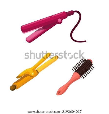 Hairstyling tools. hair straightener. hair curler and hairbrush symbol set  illustration vector