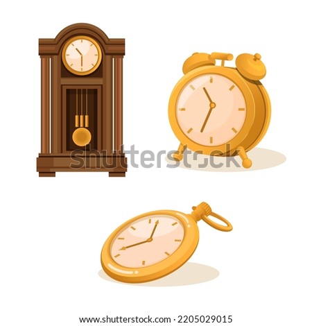 Clock, cabinet clock and pocket watch object set illustration vector