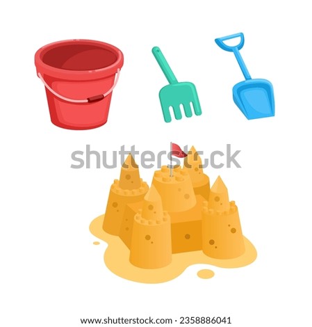 Sand Castle, Bucket And Scope. Beach Or Sandbox Toy Collection Set Cartoon illustration Vector