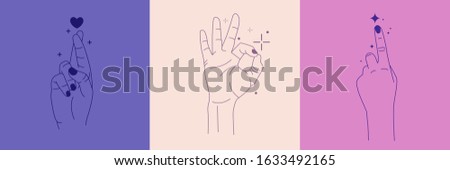 Vector set of abstract logo design templates in simple linear style - hands in different gestures - heart made by hands, okay gesture, hands in shackles, crossed fingers in minimalism